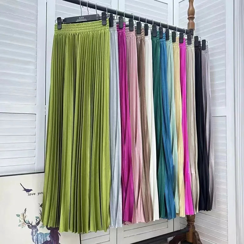 Women's Solid Colour Pleated Elastic Waist Maxi Skirt