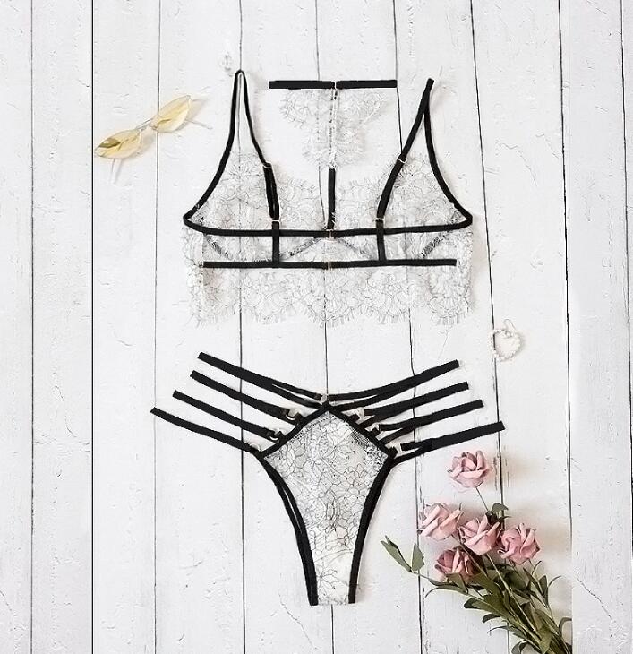 Women's Sexy Lace and Detailed Strap 2 Piece Bralette and Pants Lingerie Set