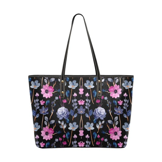 Women's Black Pink Floral Print Faux Leather Large Tote Bag