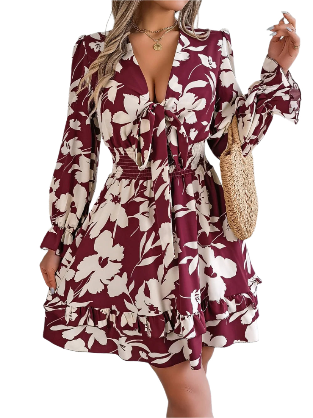 Women's Printed V Neck Tied Ruffled Long Sleeve Dress