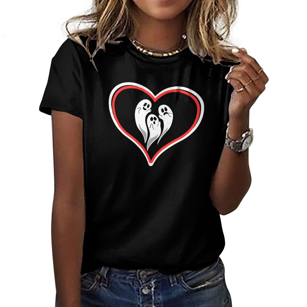 Women's Ghost Love Heart Halloween Print T-shirt Cotton Round Neck Short Sleeve Casual Fashion Tee