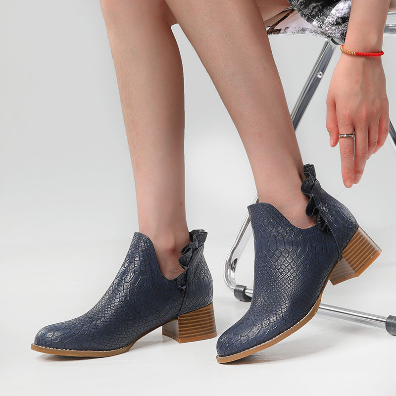 Women's Snakeskin Ankle Boots Round Toe Heavy Low Heel Pull-On Shoes Footwear Fashion