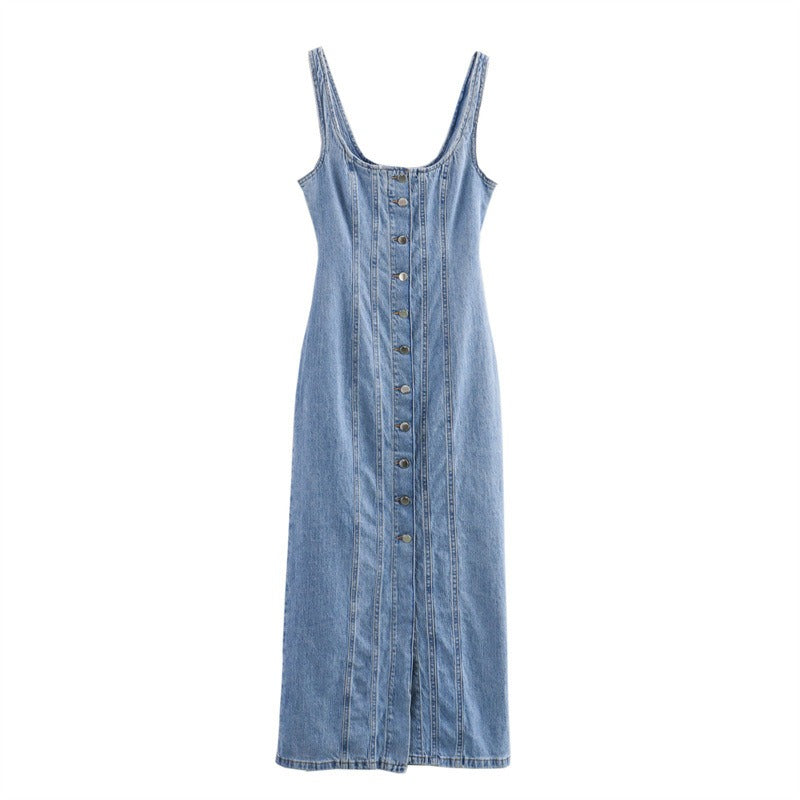 Women's Denim Fitted Dress Sleeveless Scoop Neck Button Front Midi Length