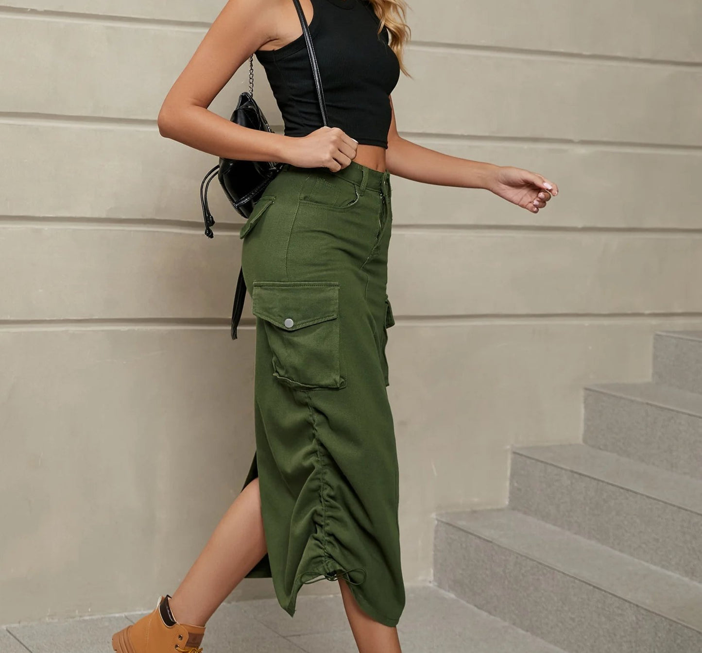 Women's Denim Work Style Skirt Drawstring Sides High Waist Midi