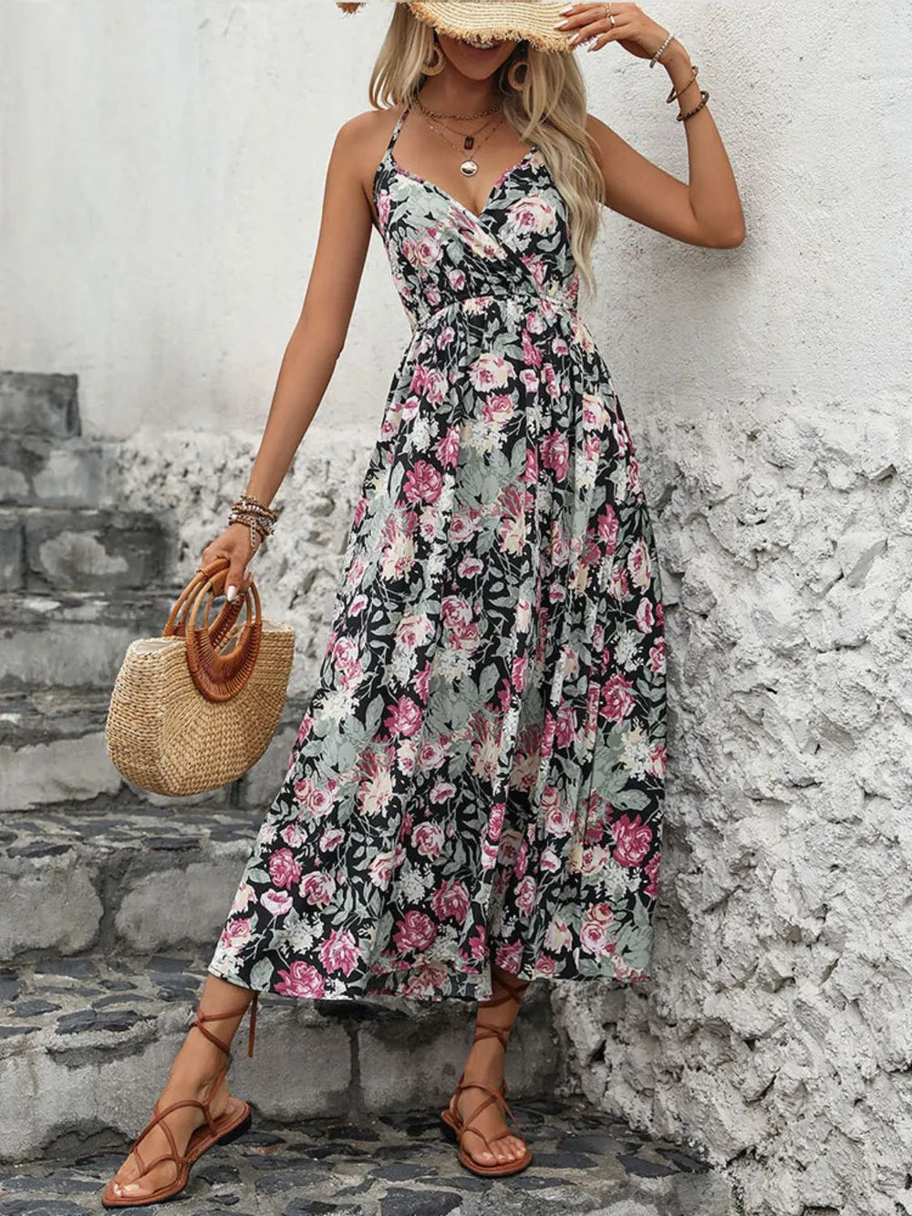 Women's Floral Print Strappy Halter Neck Dress