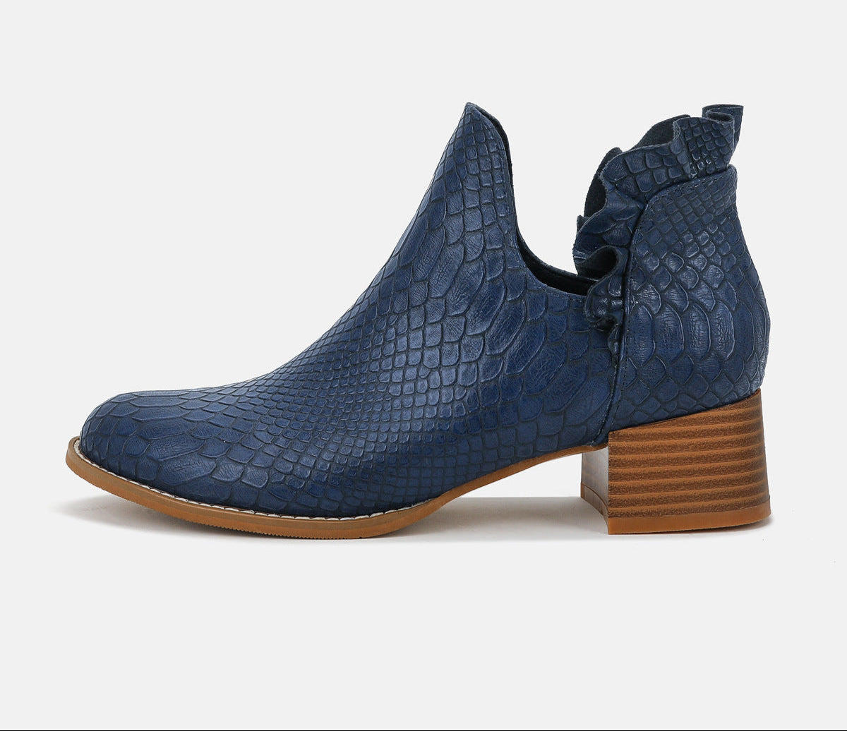 Women's Snakeskin Ankle Boots Round Toe Heavy Low Heel Pull-On Shoes Footwear Fashion