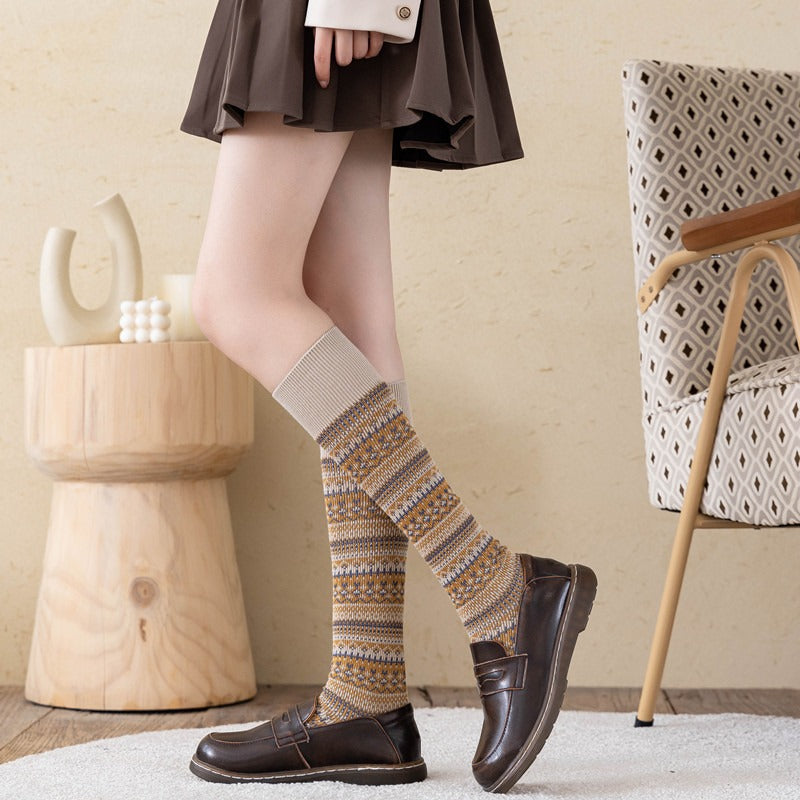 Women's Striped Cotton Knee High Socks Warm Casual Footwear