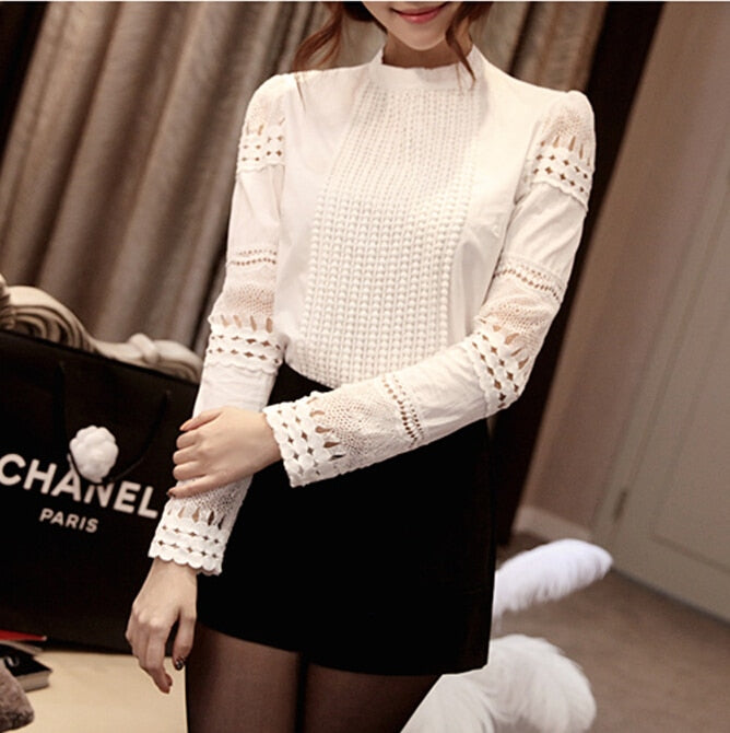 Women's Textured Cut Out Blouse Long Sleeve White Shirt Lace Hook Size S-5XL