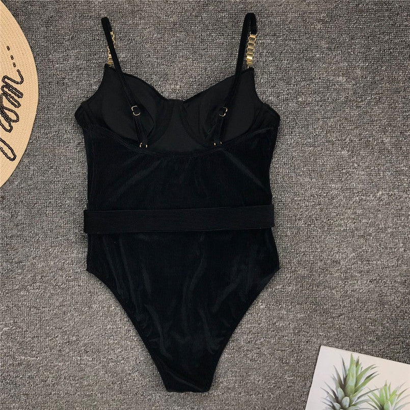 Women's Solid Ribbed Fitted Bodysuit Soft Cord Embellished Straps Belt Buckle Detail Underwired Fitted Top