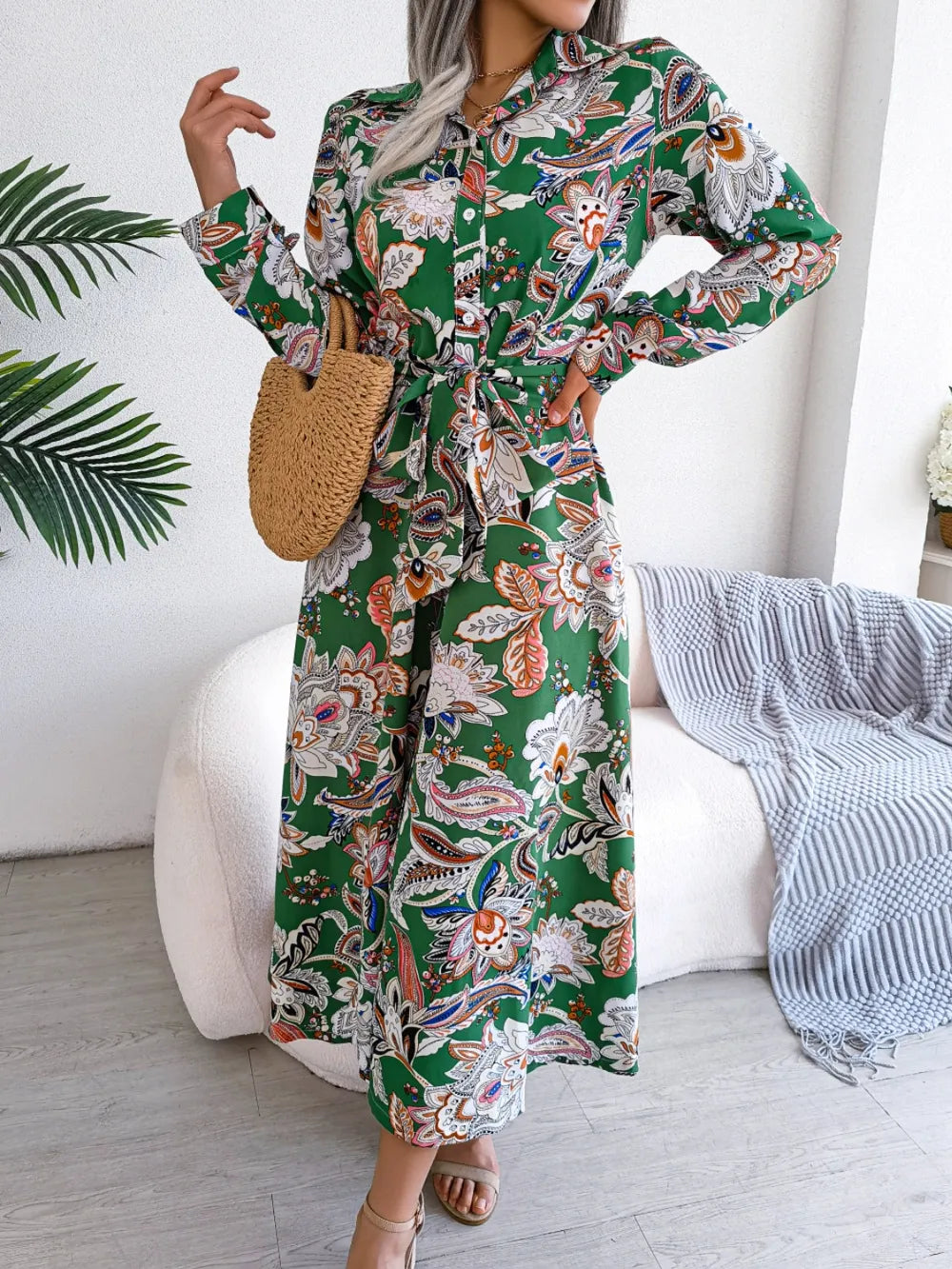 Women's Floral Printed Button Front Long Sleeve Midi Dress