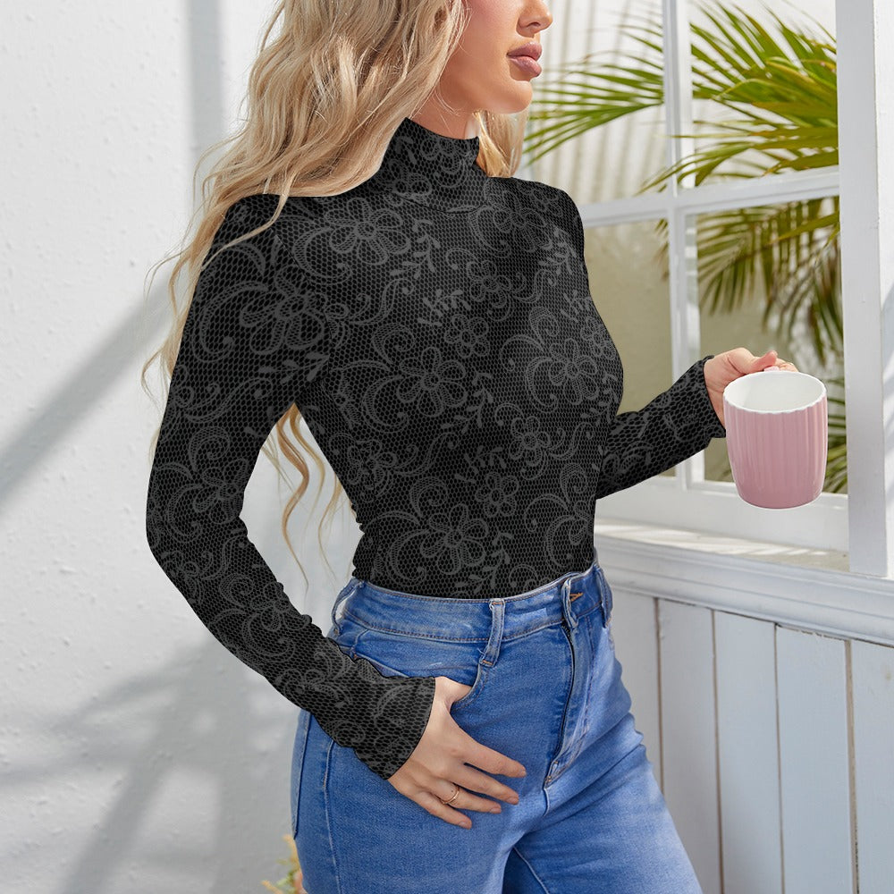 Women's Lace Print Turtleneck Long Sleeve Bodysuit