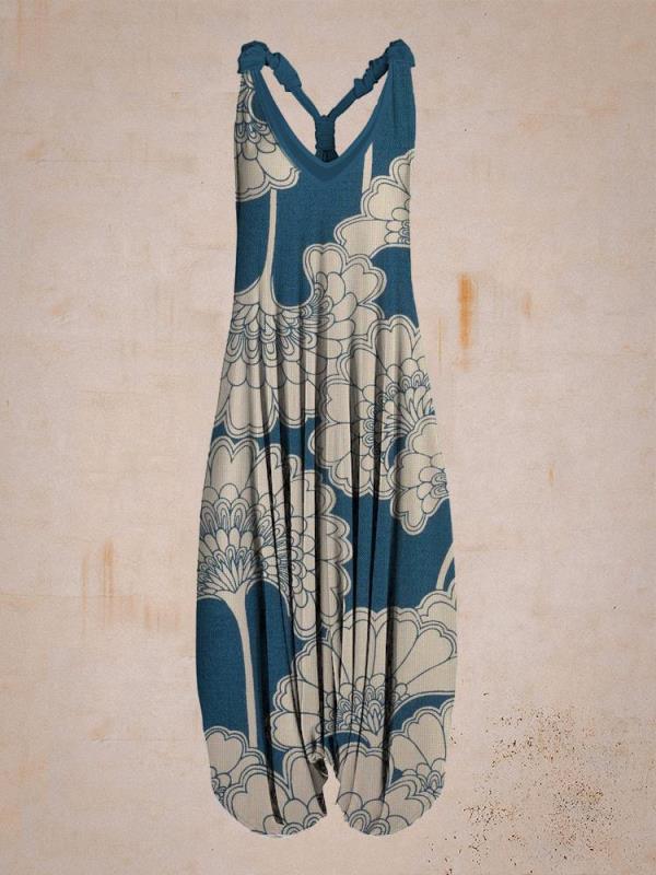 Women's Hippie Style Print Loose Wide Leg Sleeveless Racer Back Jumpsuit