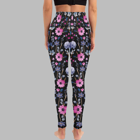 Women's Black Pink Floral Print Leggings with Pockets