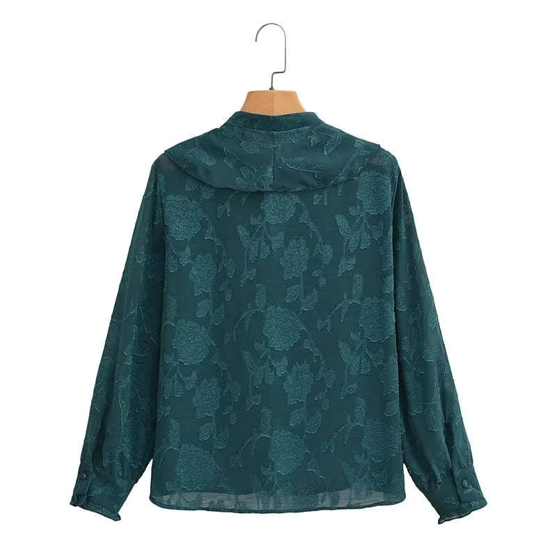 Women's Ruffle Frill Collar Layered Front Blouse Long Sleeve Top