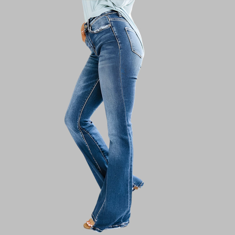 Women's Denim Twist Stitch Detail High Waisted Flare Jeans