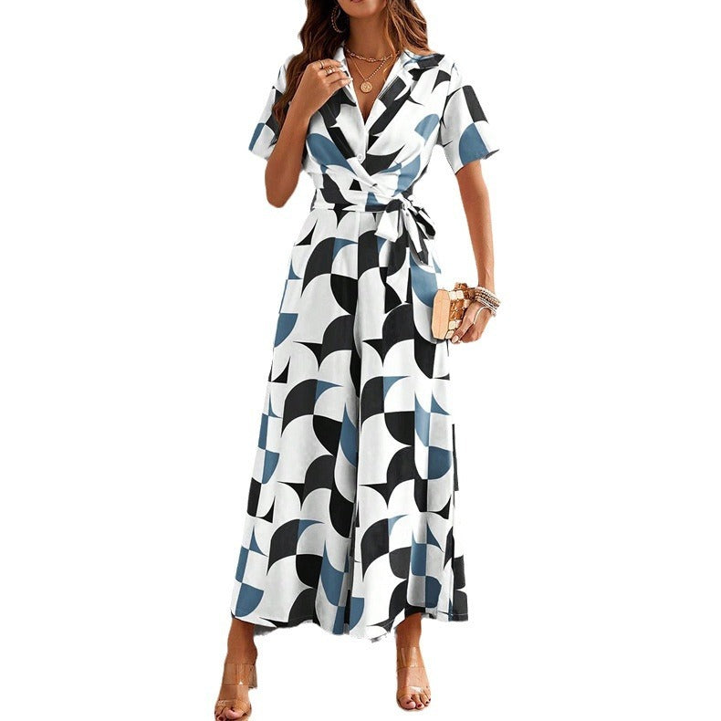 Women's Abstract Print Jumpsuit Short Sleeve Wide Leg Fitted Tie Belt Waist Outfit
