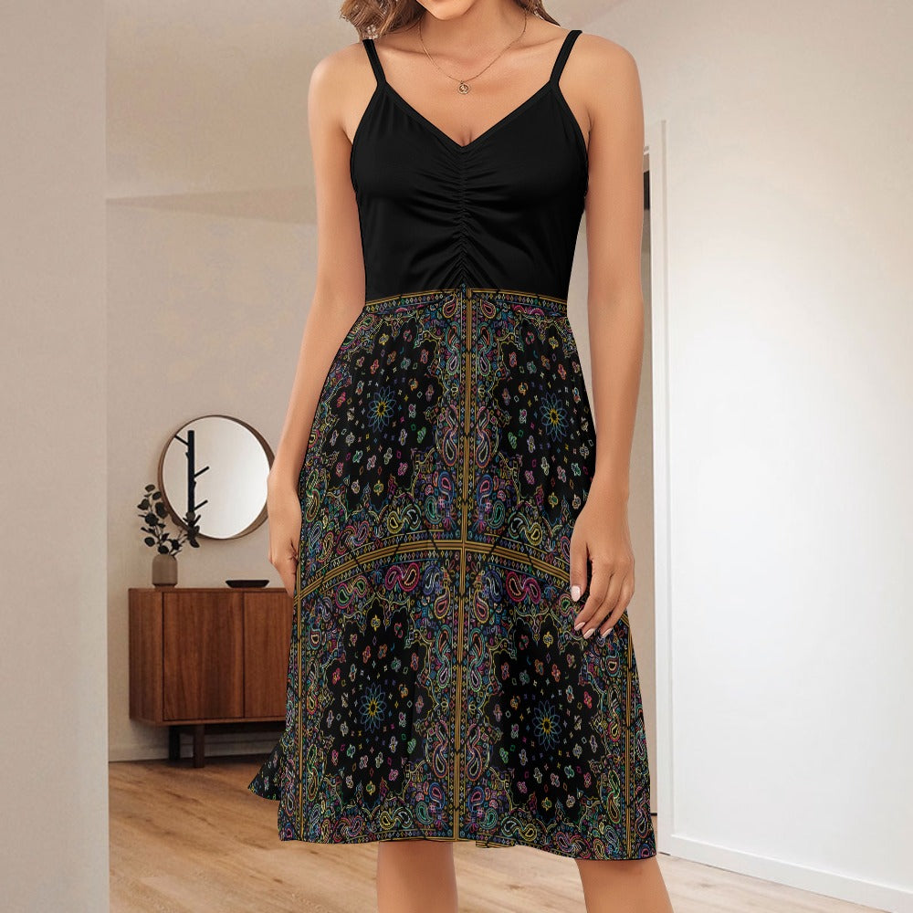 Women's Patchwork Print Strappy Top Midi Length Dress Casual Comfortable Fashion Black Multicolour