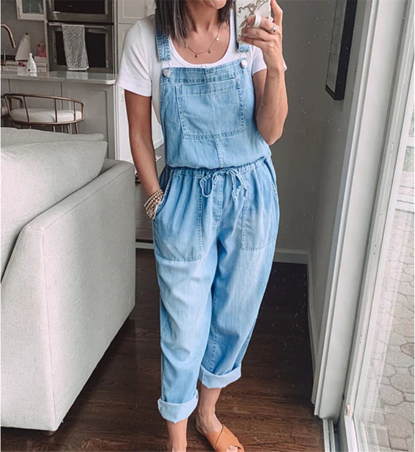 Women's Denim Jumpsuit Drawstring Waist with Pockets Dungarees