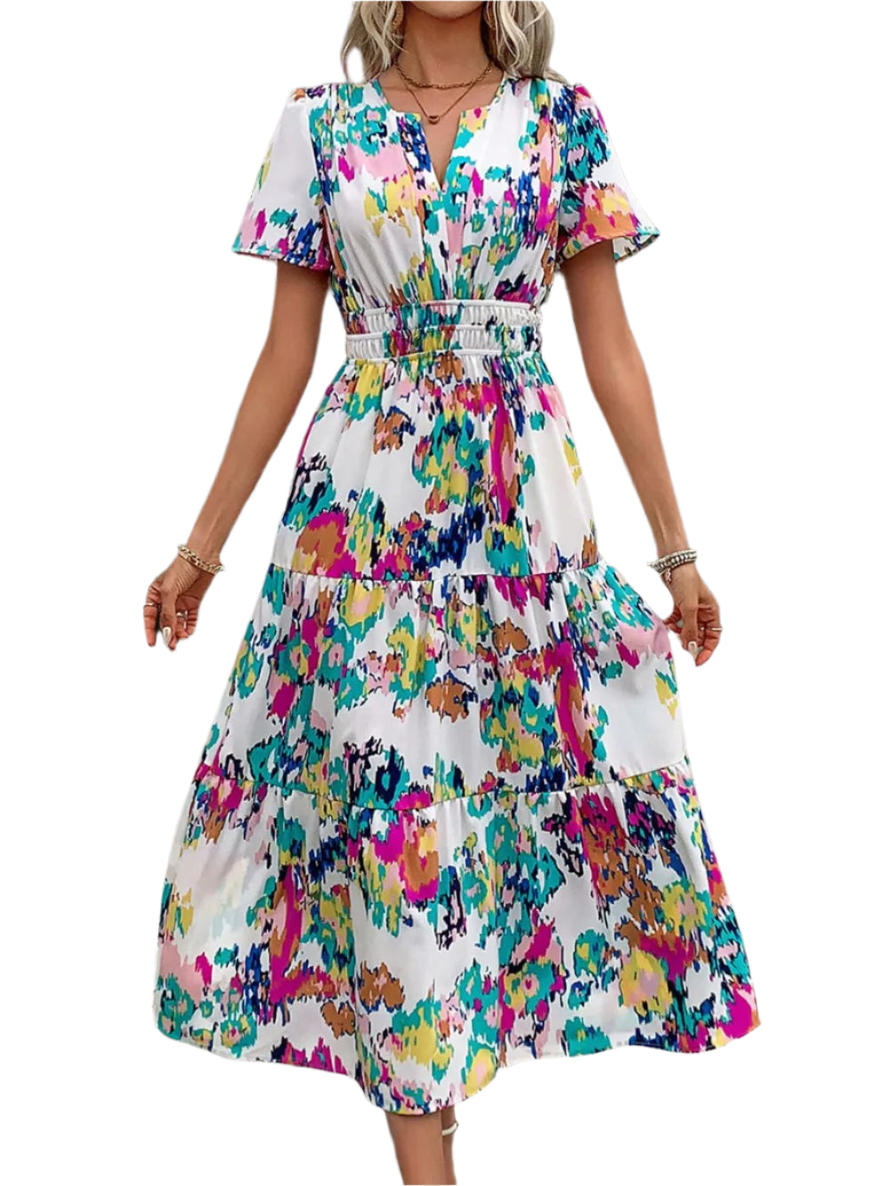 Women's Bright Floral Print V Neck Fitted Midi Dress