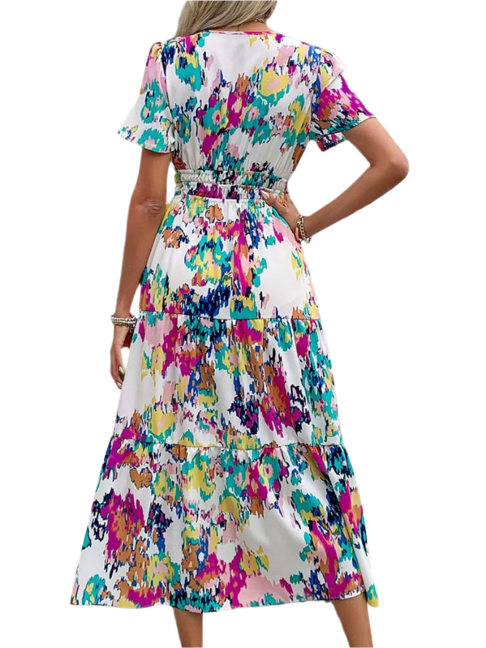 Women's Bright Floral Print V Neck Fitted Midi Dress