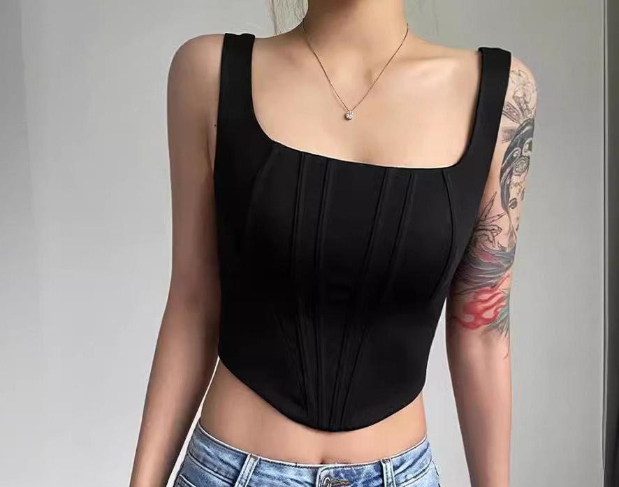 Women's Solid Colour Sexy Crop Corset Style Top Square Neck Fitted Short Vest