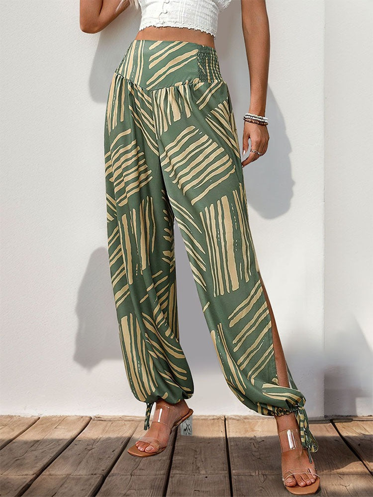Women's Bohemian Style Green Split Leg Ankle Tie High Waist Harem Trousers