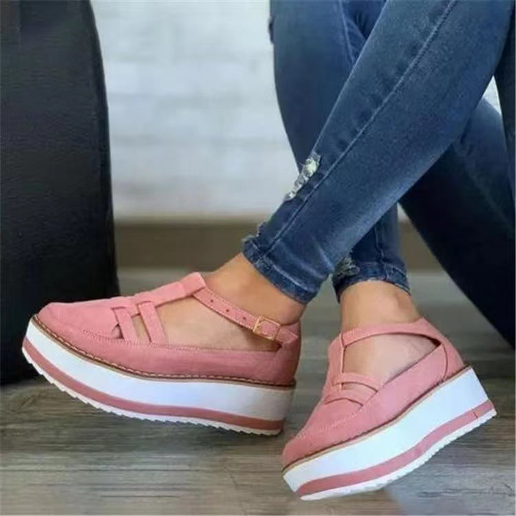 Women's Faux Suede Ankle Strap Thick Sole Low Platform Shoes