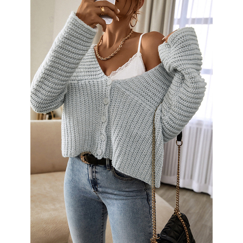 Women's Solid Colour Knitted Cardigan Sweater Long Sleeve Button Front Loose Top