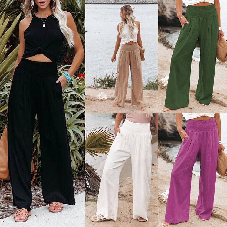 Women's Bohemian Linen Loose Wide Leg Elastic Waist with Pockets Trousers