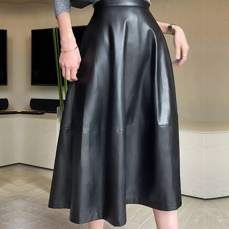 Women's PU Leather Patchwork A-Line Flare Midi Skirt