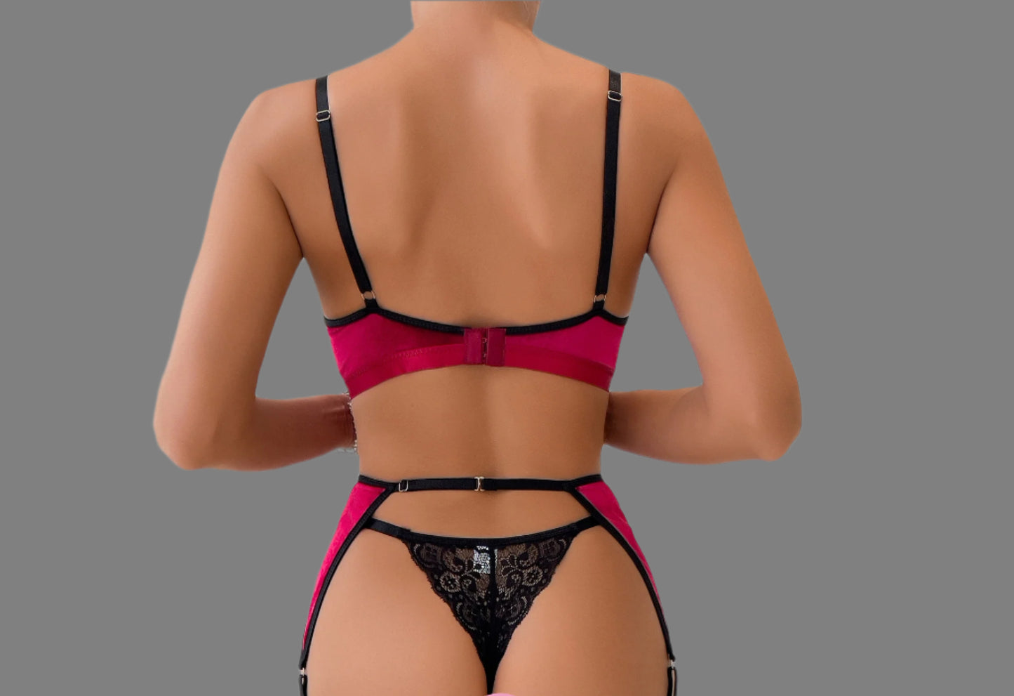 Women's Lace and Faux Velvet Sexy Bra Suspender Belt and Knickers 3 Piece Lingerie Set