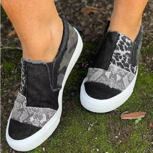Women's Canvas Patchwork Animal Print Flat Shoes Casual Slip On Loafers Outdoor Footwear
