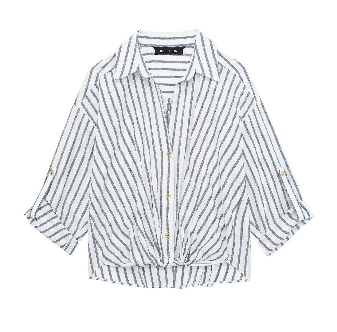 Women's Striped Knot Twist Front Shirt Linen V-Neck Blouse
