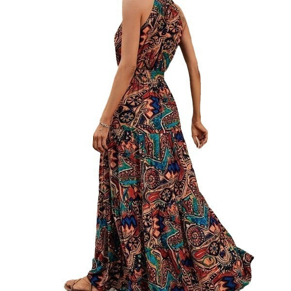 Women's Bohemian Style Abstract Print High Neck Maxi Dress