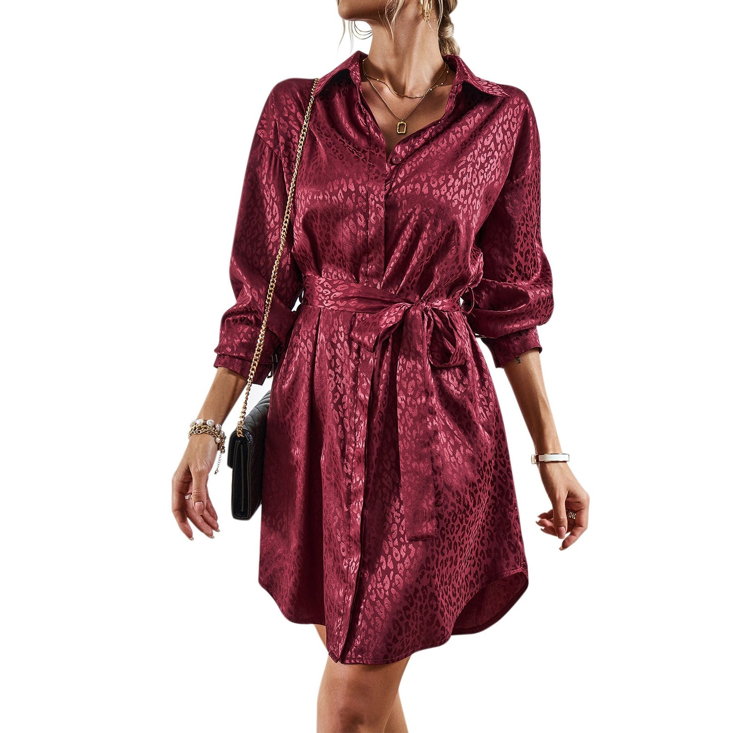 Women's Solid Leopard Print Long Sleeve Shirt Dress