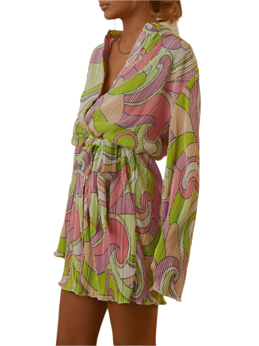 Women's Pleated Tied Waist Loose Fit Short Dress