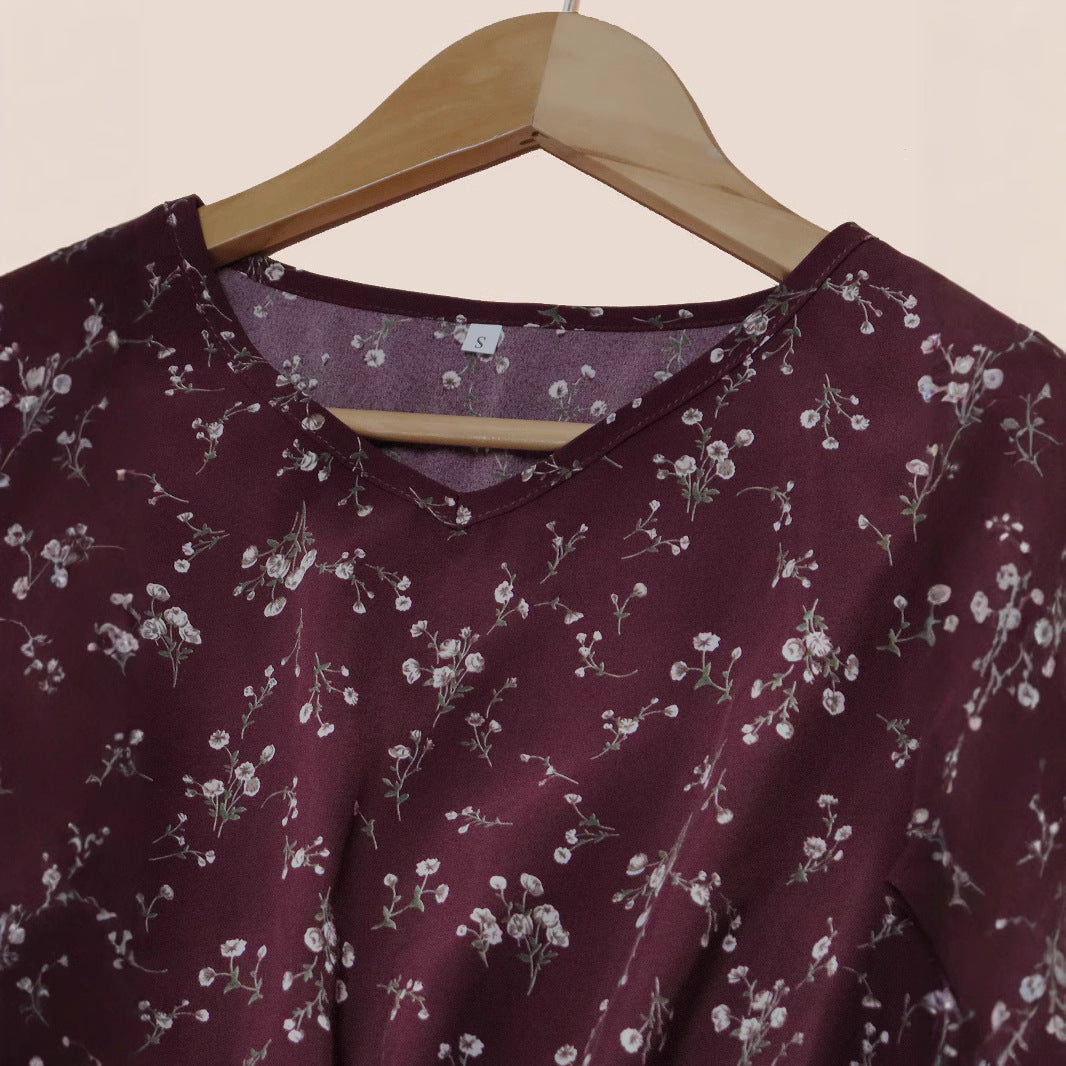 Women's Wine Floral Short Sleeve Elastic Waist Dress
