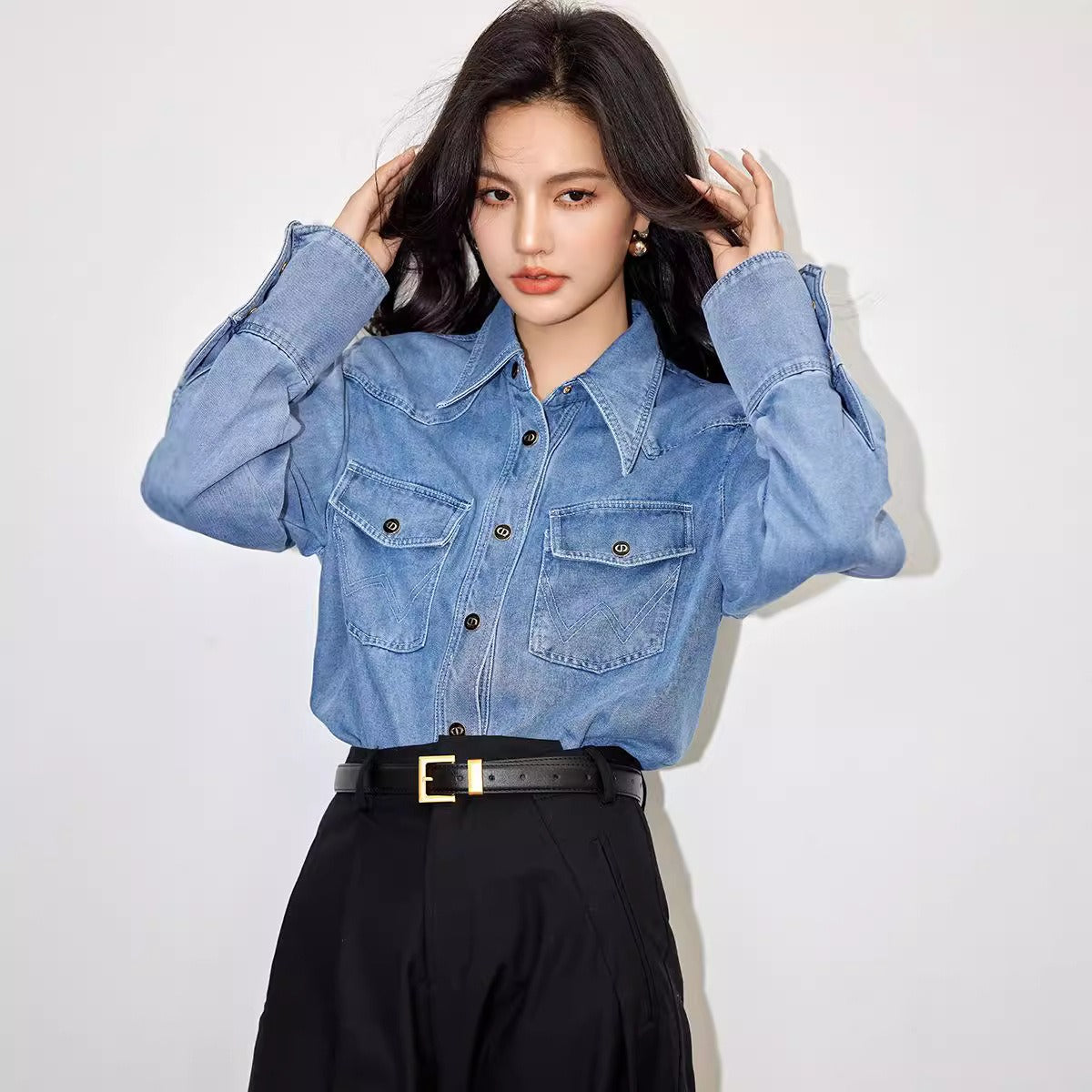 Women's Retro Denim Shirt Button Front Pockets Cowboy Style Blouse