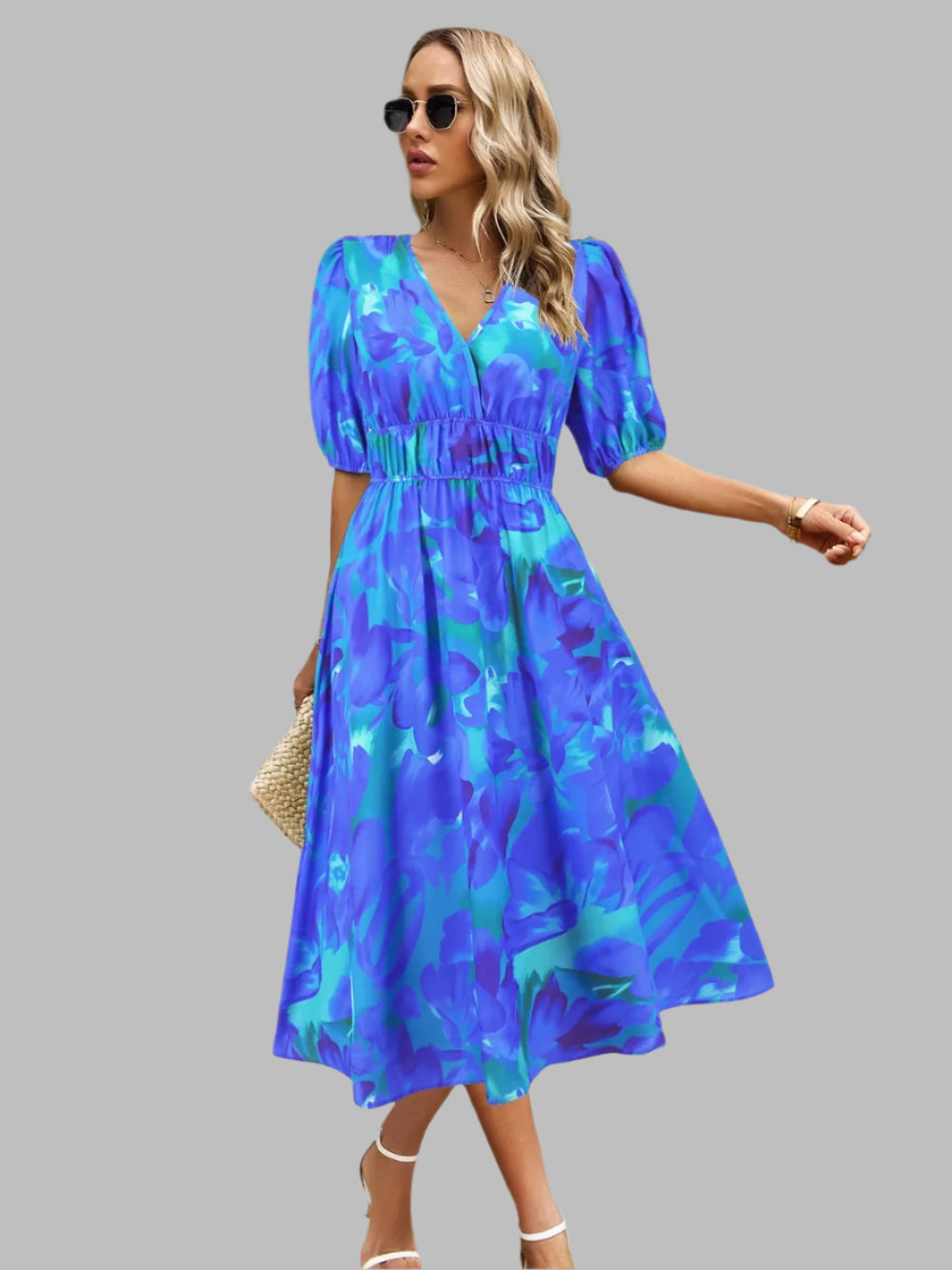 Women's Ruched Floral Print Flare Midi Dress