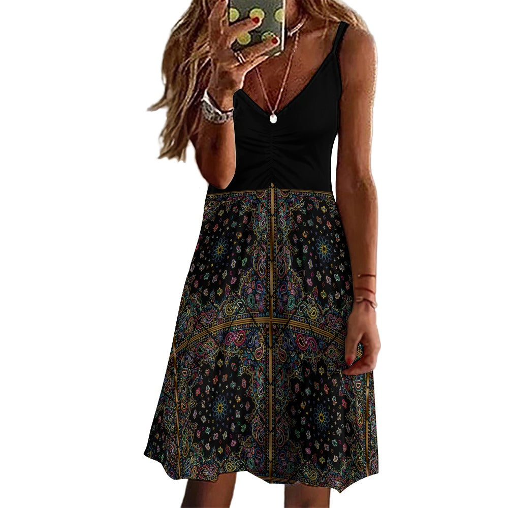 Women's Patchwork Print Strappy Top Midi Length Dress Casual Comfortable Fashion Black Multicolour