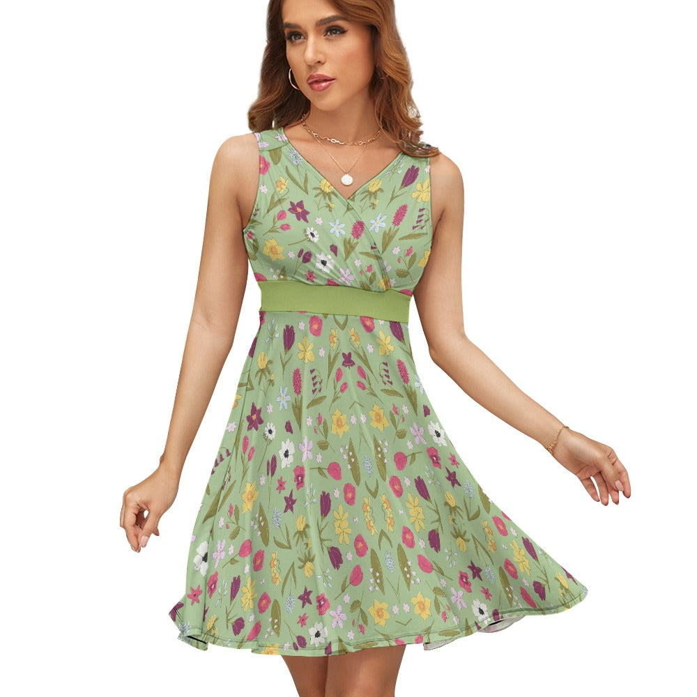 Women's Green Floral Sleeveless V-Neck Fitted Skater Flare Dress