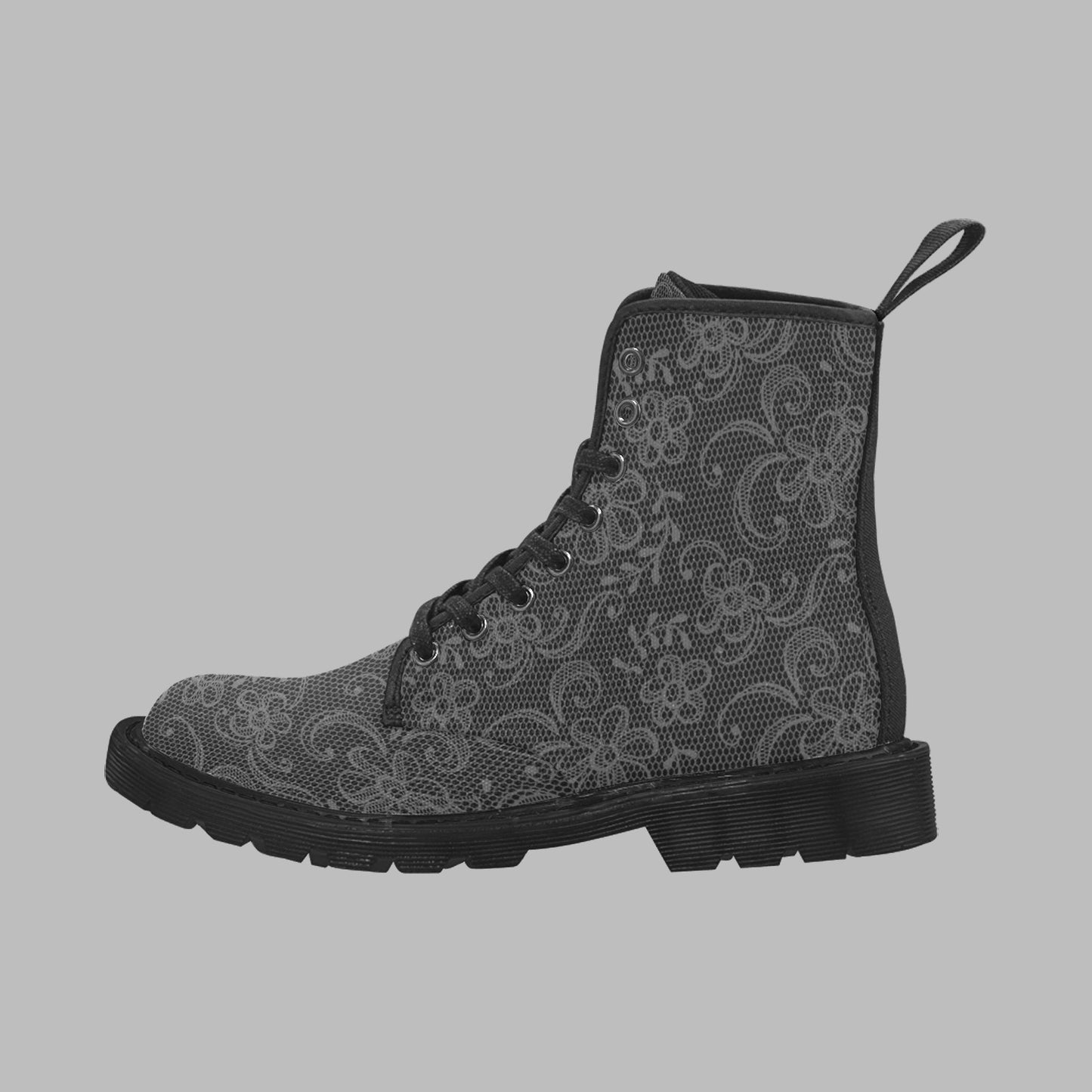 Women's Black Lace Print Lace Up Canvas Doc Style Boots
