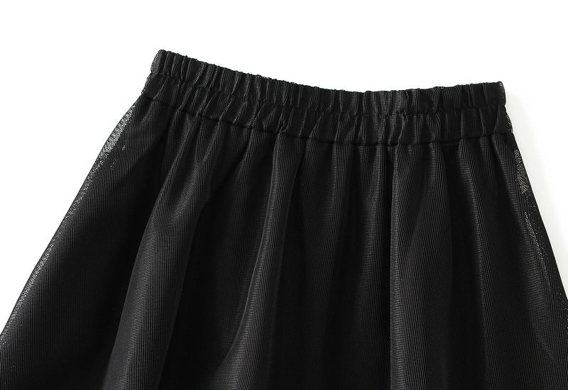 Women's Organza Mesh Skirt Puff Swing Flare Elastic Waist Midi Length