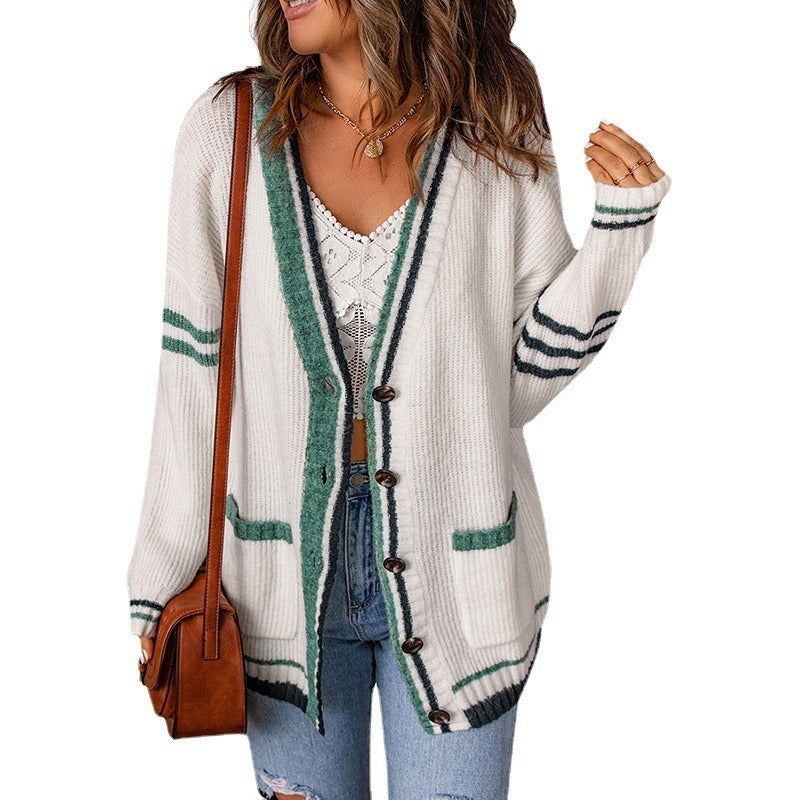 Women's Colour Contrast Edge Knit Cardigan Long Sleeve Button Front V-Neck
