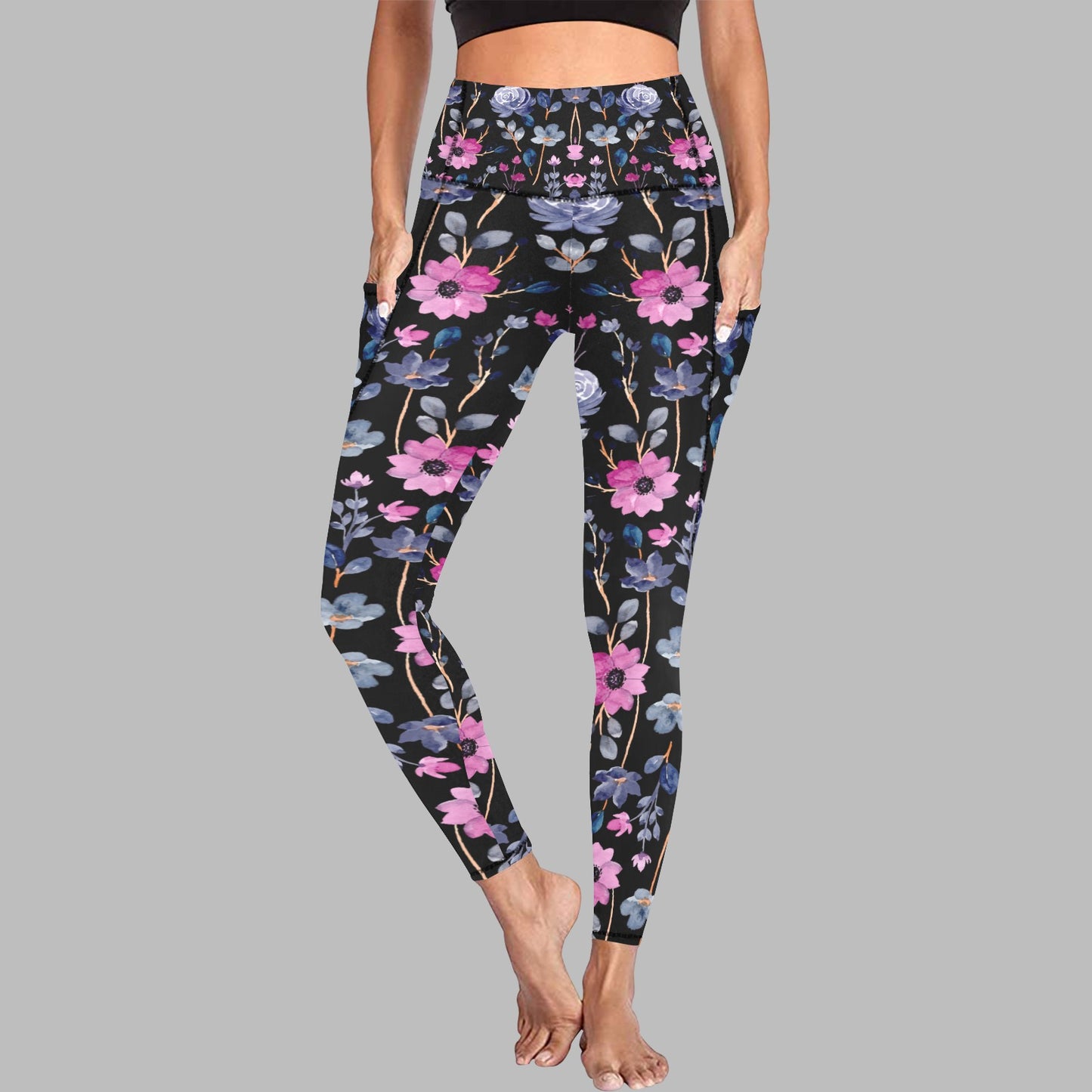 Women's Black Pink Floral Print Leggings with Pockets