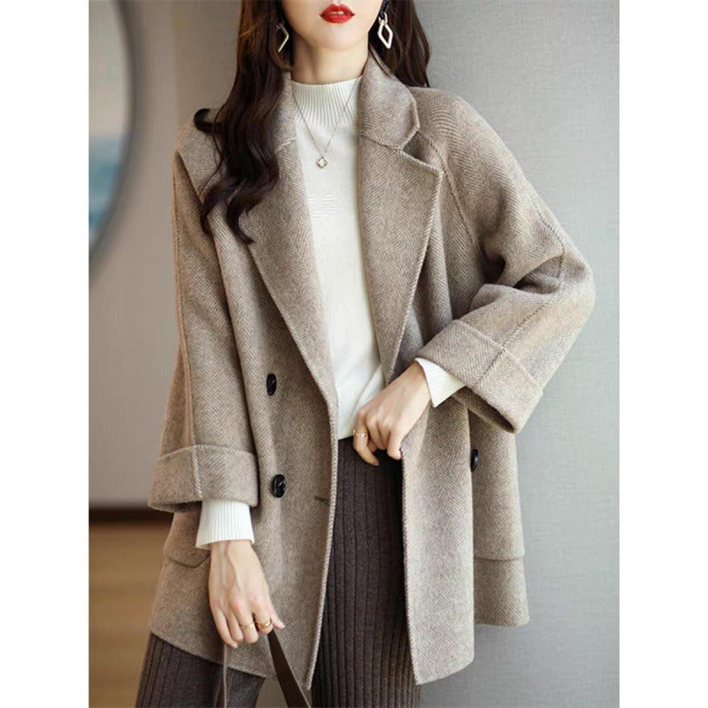 Women's Herringbone Wool Coat Double Breasted Loose Fit With Pockets
