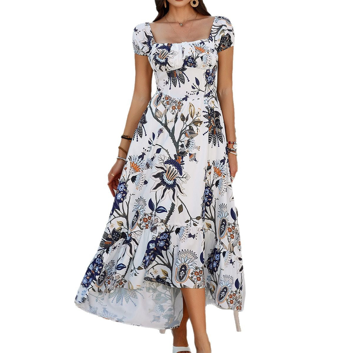 Women's Bohemian Floral Short Sleeve Fitted Maxi Dress