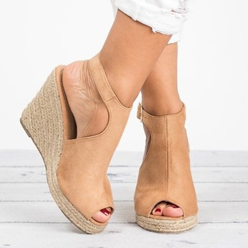 Women's Faux Suede Peep Toe Cork Wedge Ankle Strap Sandals