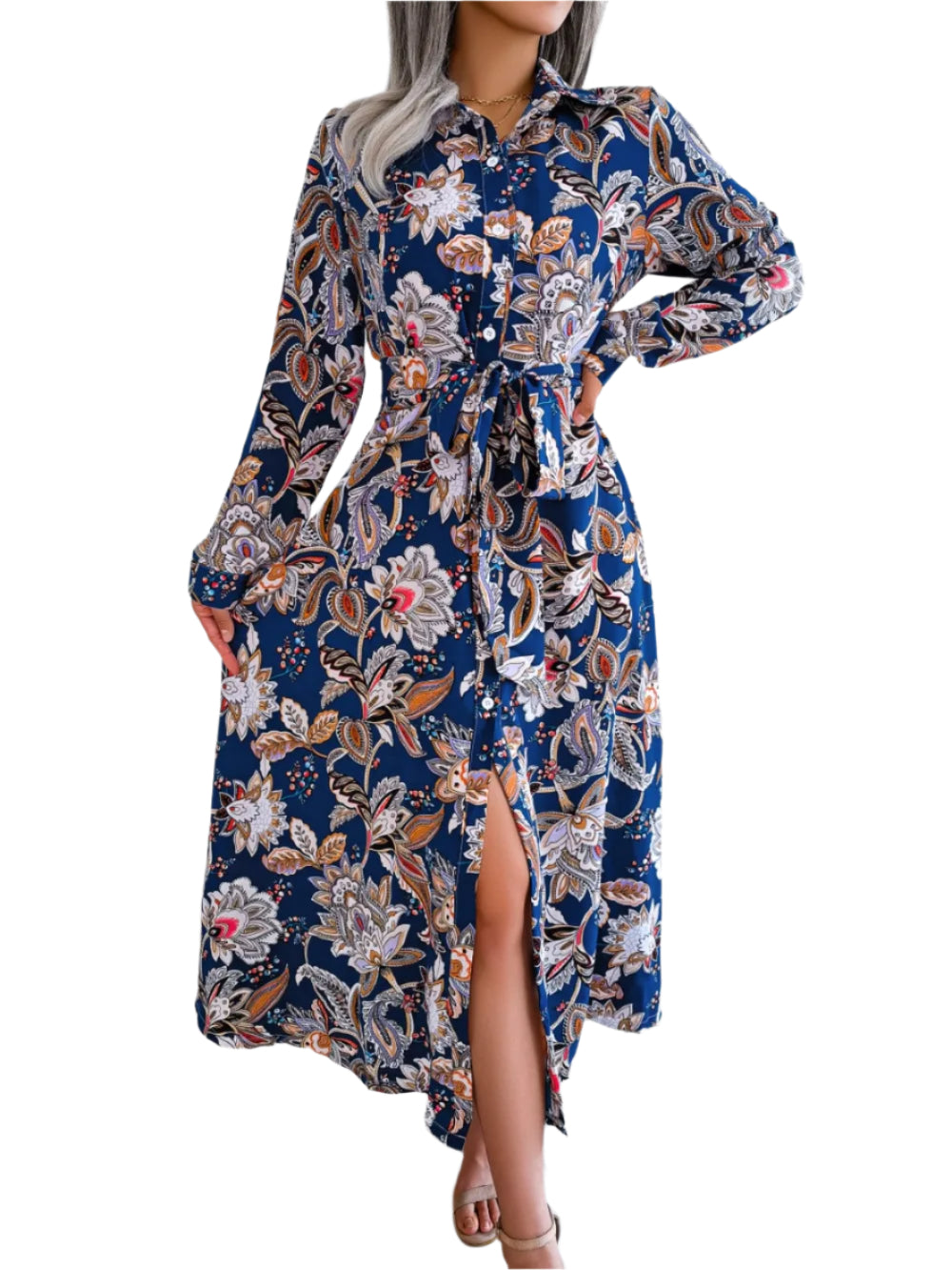 Women's Floral Printed Button Front Long Sleeve Midi Dress