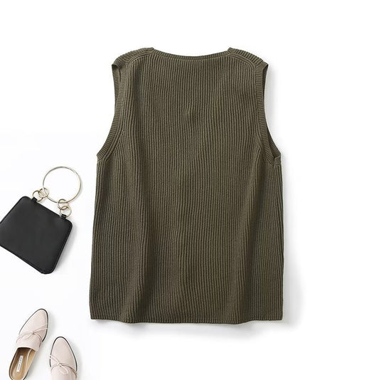 Women's Green Ribbed Knitted Sleeveless V-Neck Tank Top Sleeveless Button Front Top